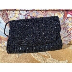 Vintage 80s Purse 1980s Black Beaded Art Deco Goth Glam Prom Cocktail Bag